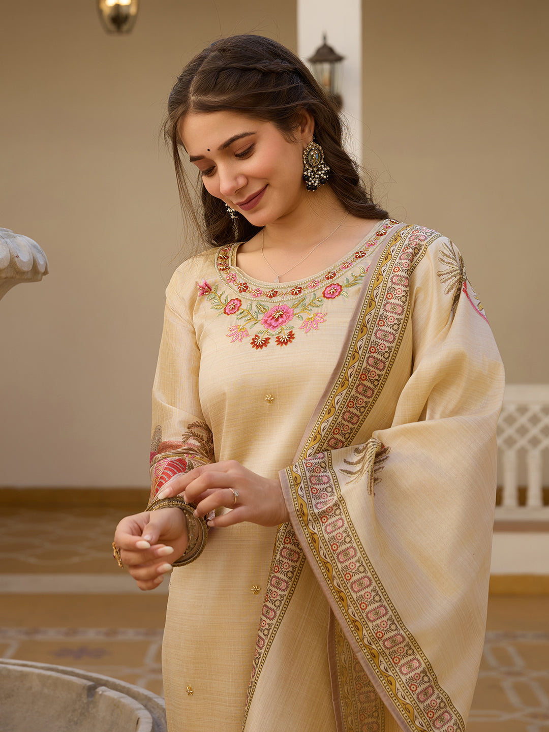 Cream Assam Silk Salwar Suit With Bead Embroidery for Women
