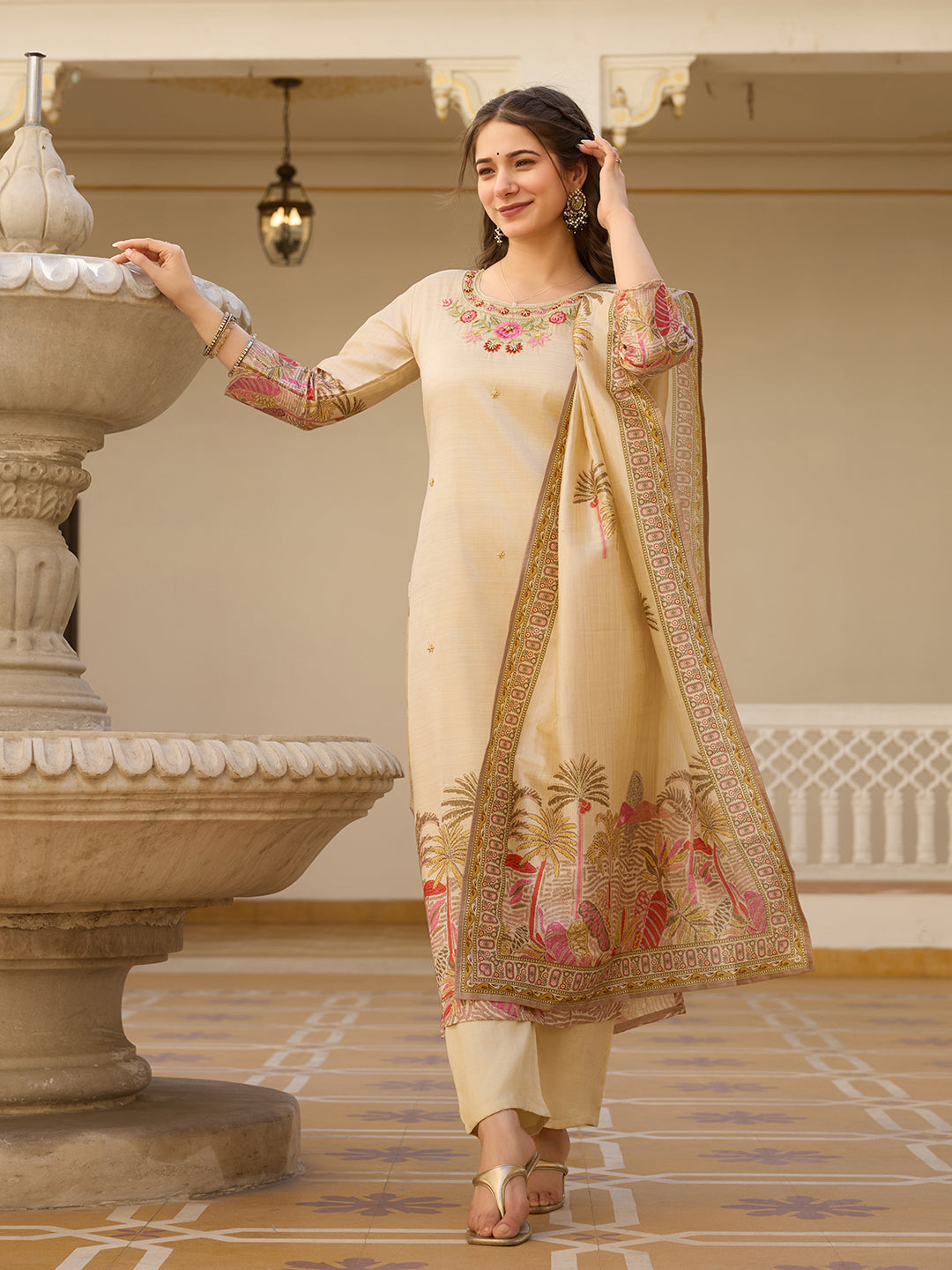 Cream Assam Silk Salwar Suit With Bead Embroidery for Women