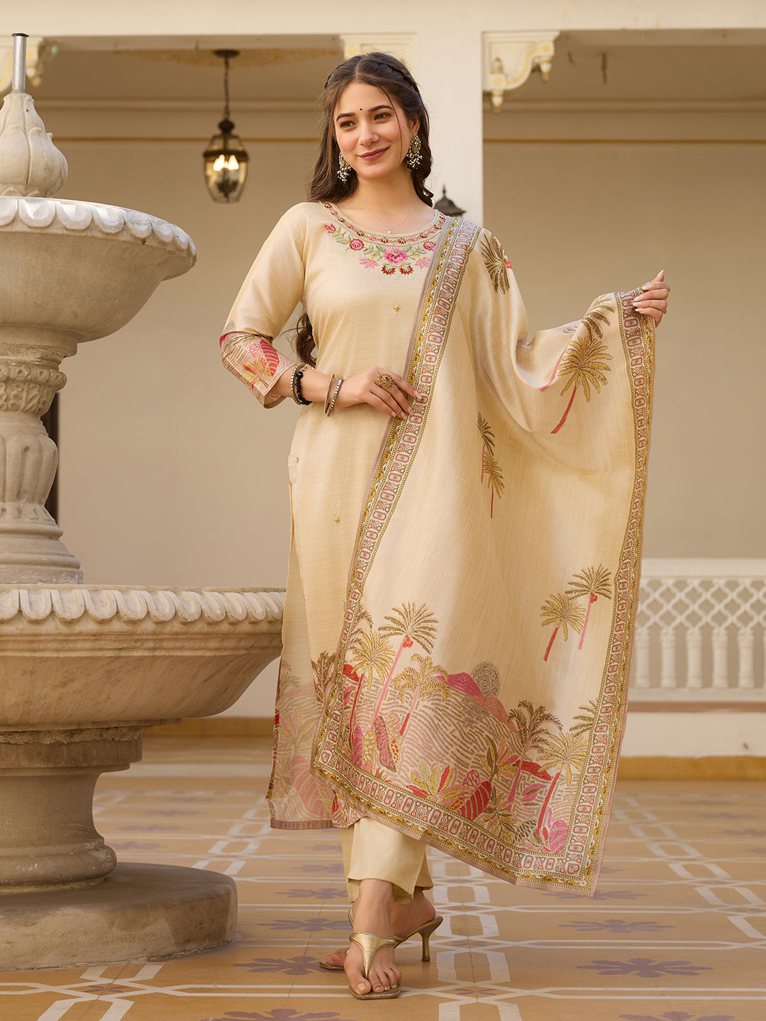 Cream Assam Silk Salwar Suit With Bead Embroidery for Women