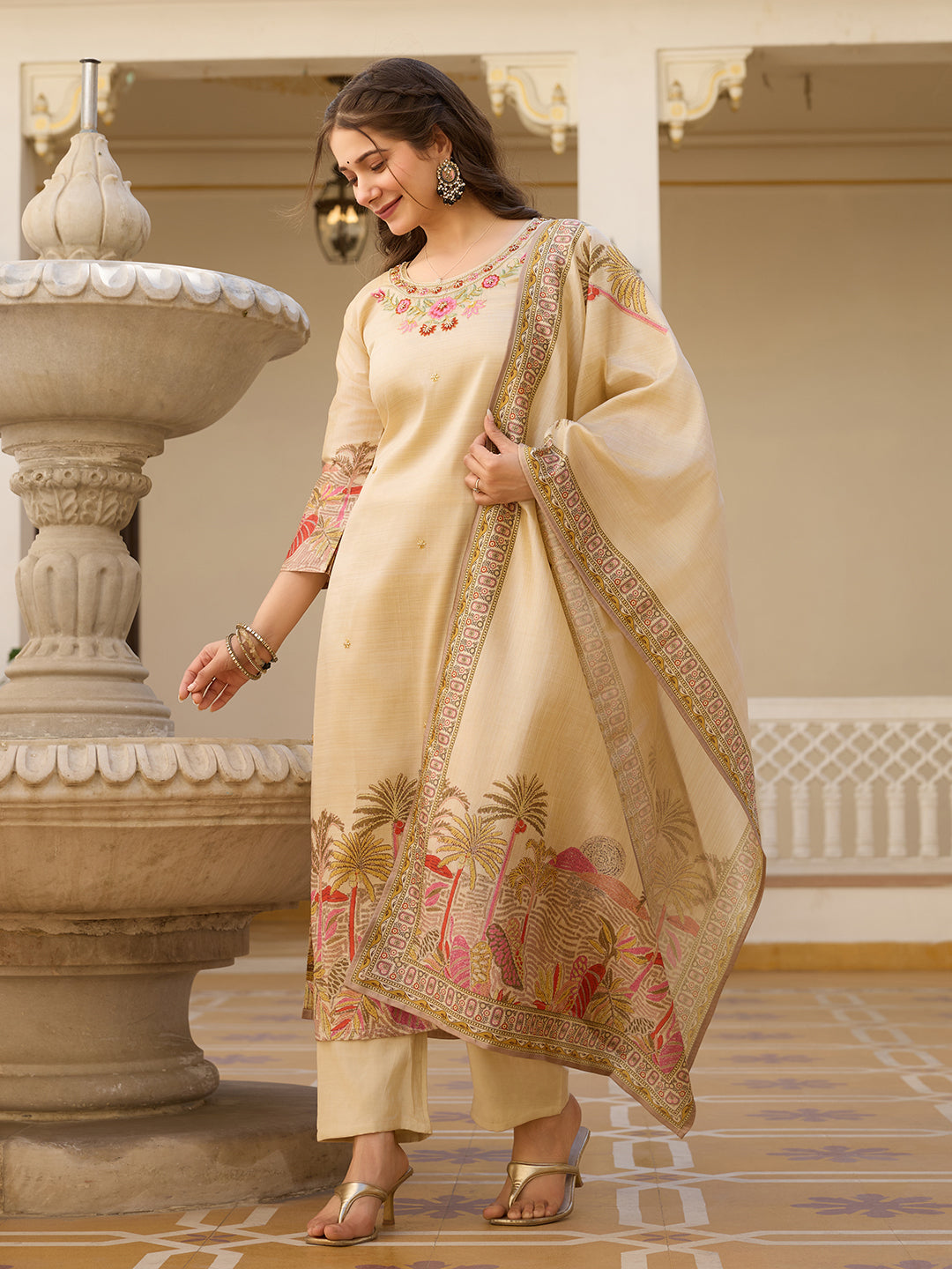 Cream Assam Silk Salwar Suit With Bead Embroidery for Women