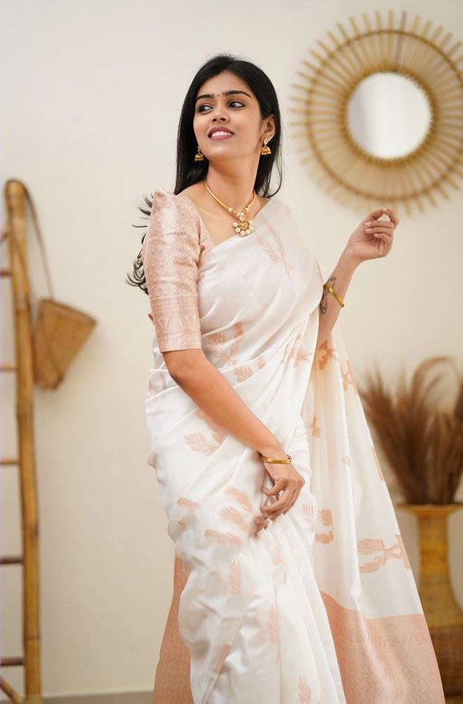 Cream Banarasi Lichi Silk Saree with Jacquard Border for Women