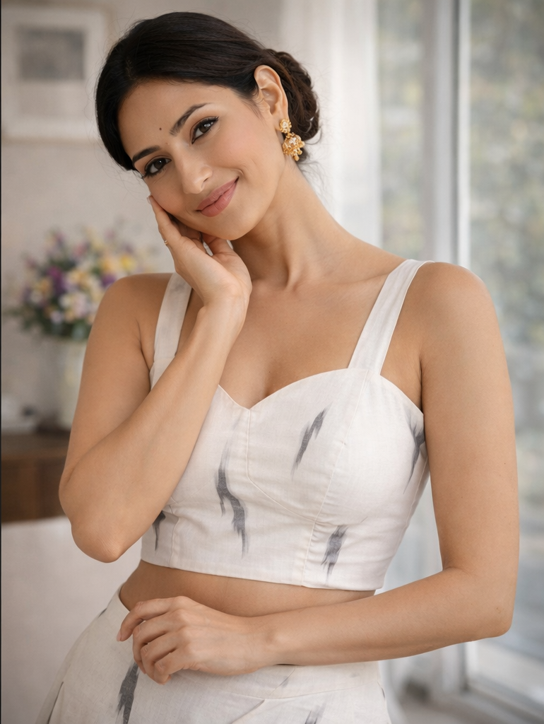 Cream Ikat Cotton Padded Blouse Sleeveless Trendy