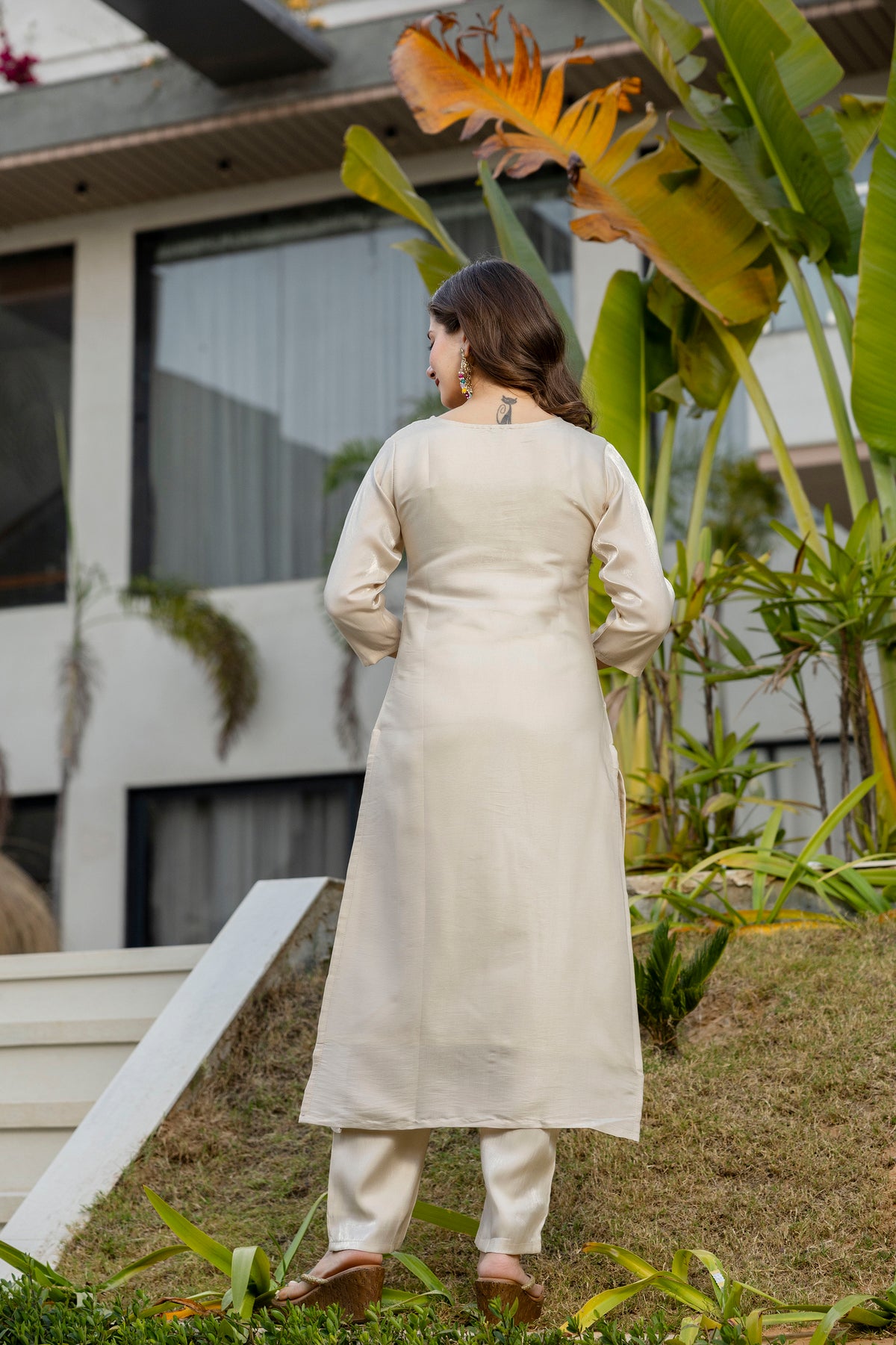 Cream Embroidered Kurta Set with Bandhani Style Dupatta 2 for Women