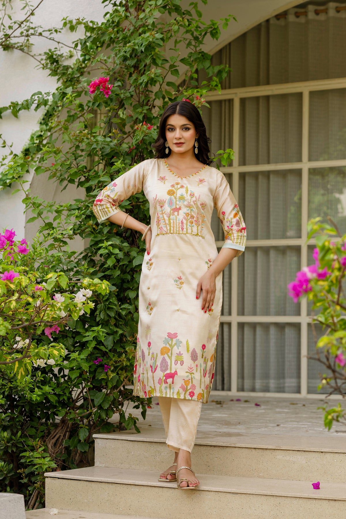 Cream Silk Embroidered Kurti Pant with Printed Dupatta for Women