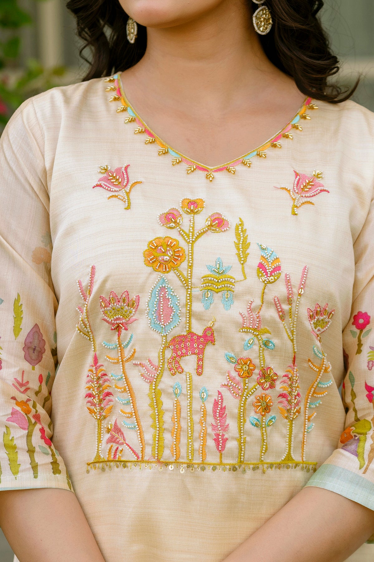 Cream Silk Embroidered Kurti Pant with Printed Dupatta for Women