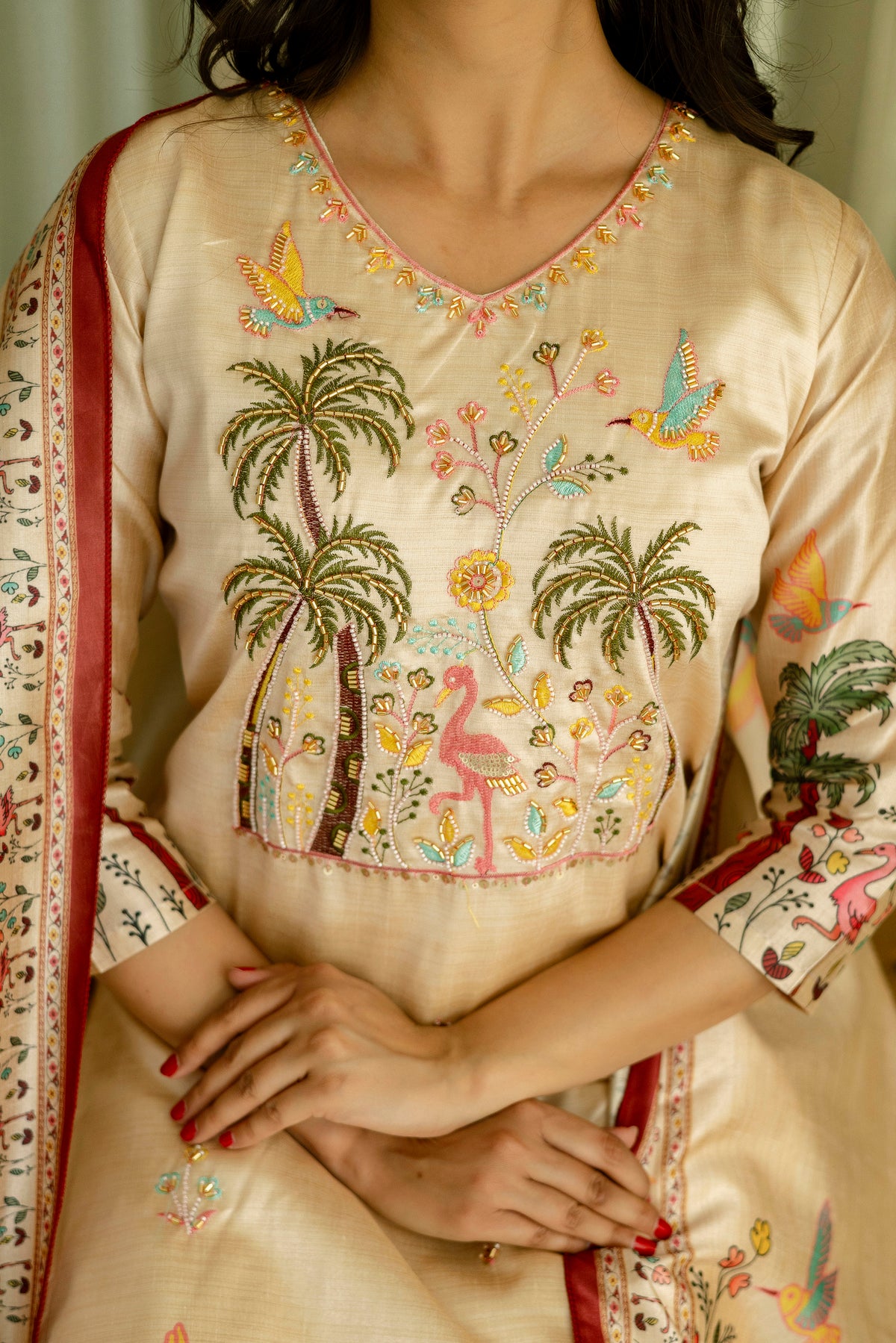 Cream Embroidered Silk Kurti Pant with Designer Dupatta for Women