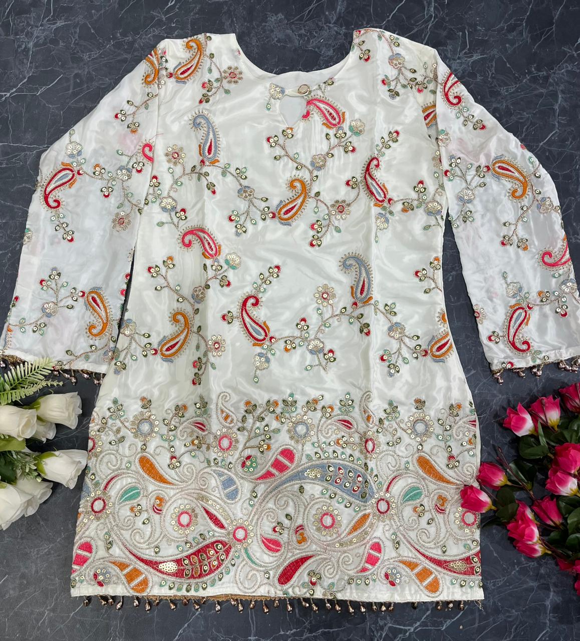 Cream Embroidered Silk Kurta Pant Set for Women