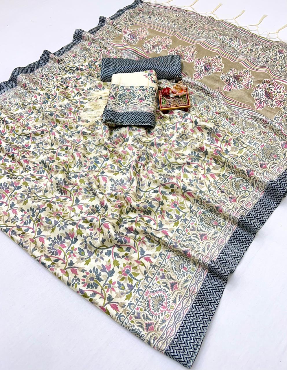 Cream Floral Pashmina Saree with Shawl & Blouse for Women