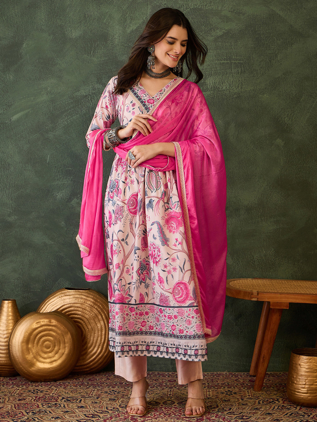 Cream Floral Print Kurti Pant Dupatta Set for Women