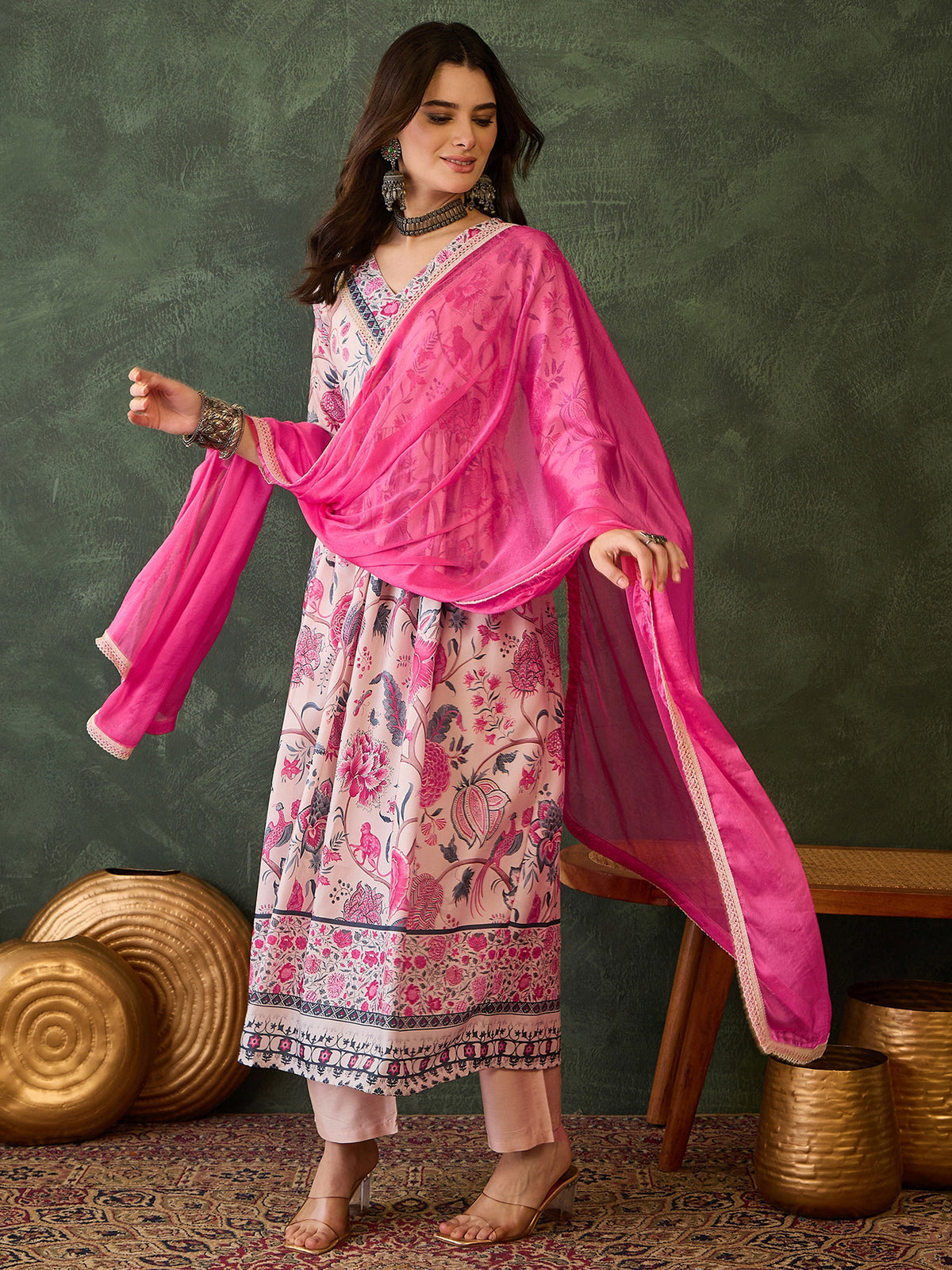 Cream Floral Print Kurti Pant Dupatta Set for Women