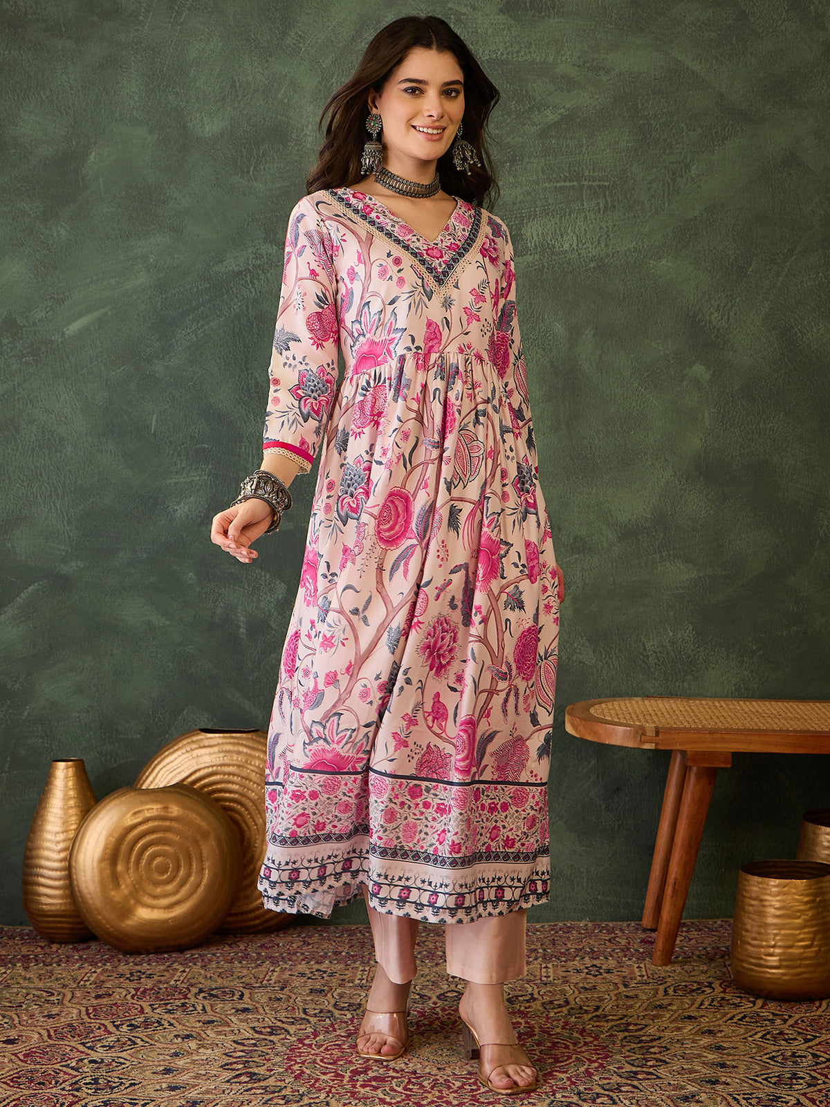 Cream Floral Print Kurti Pant Dupatta Set for Women