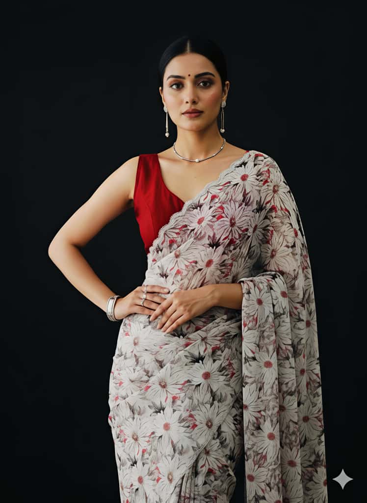 Cream Floral Georgette Saree with Stone Work Blouse for Women