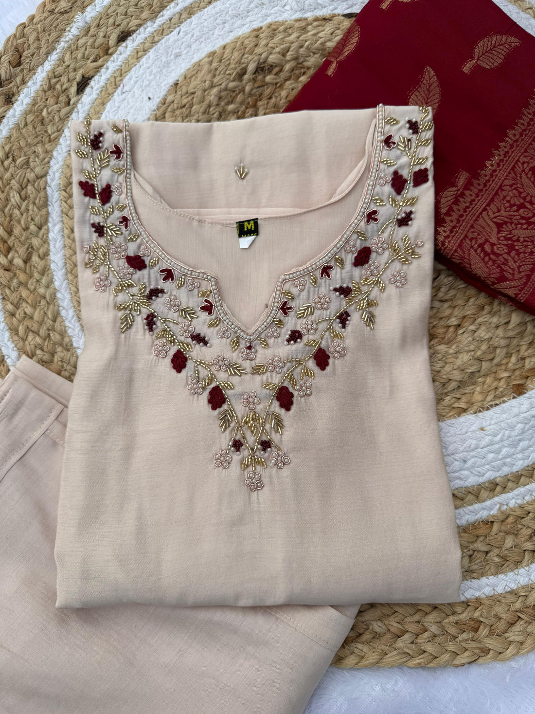 Cream Handwork Roman Silk Kurti Pant Dupatta Set for Women