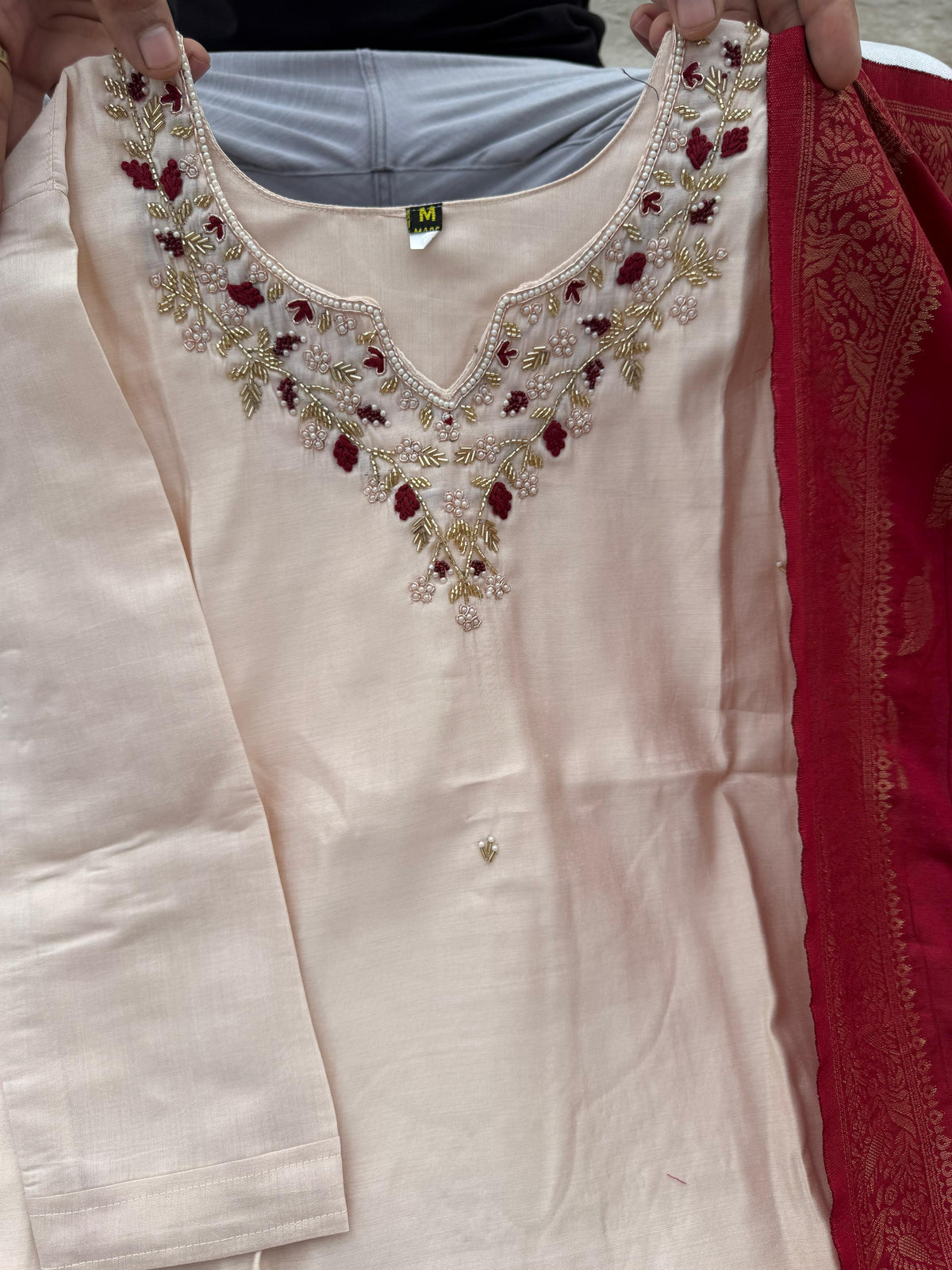 Cream Handwork Roman Silk Kurti Pant Dupatta Set for Women