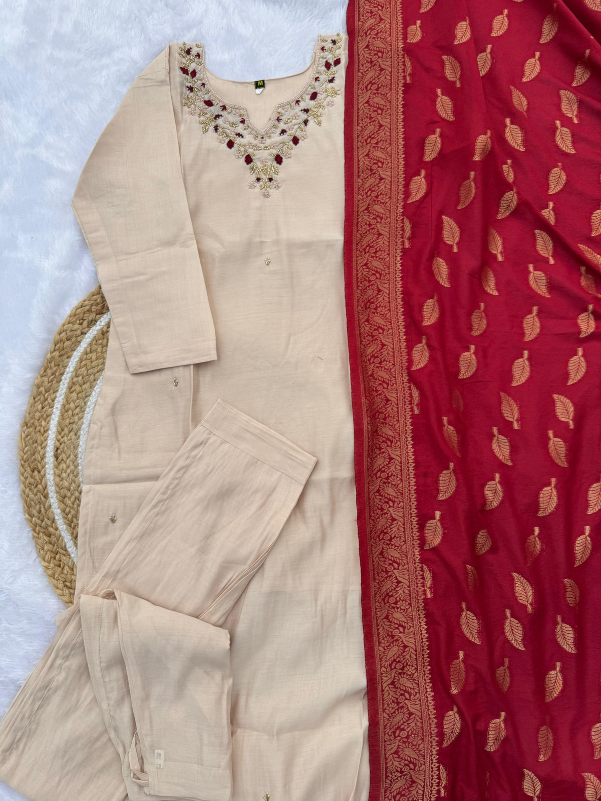 Cream Handwork Roman Silk Kurti Pant Dupatta Set for Women