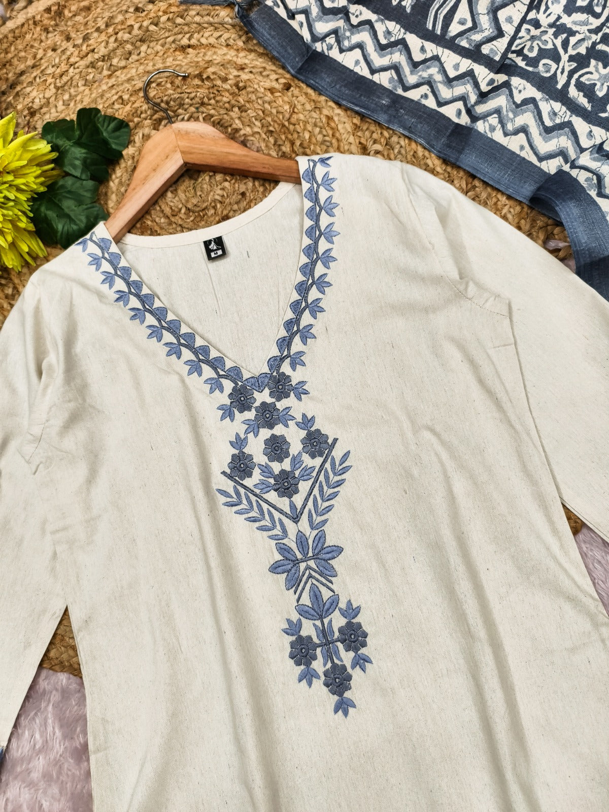 Cream Khadi Cotton Straight Kurta Set with Dupatta for Women