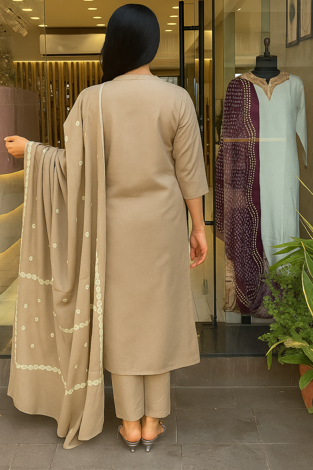 Cream Embroidered Kurta Set with Bandhani Style Dupatta for Women