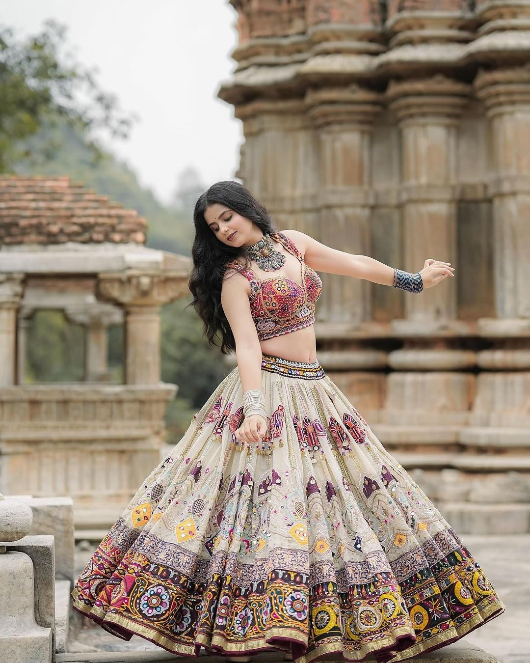 Cream Ethnic Lehenga Choli with Mirror Work Design for Women