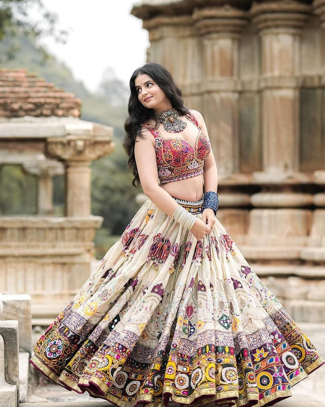 Cream Ethnic Lehenga Choli with Mirror Work Design for Women