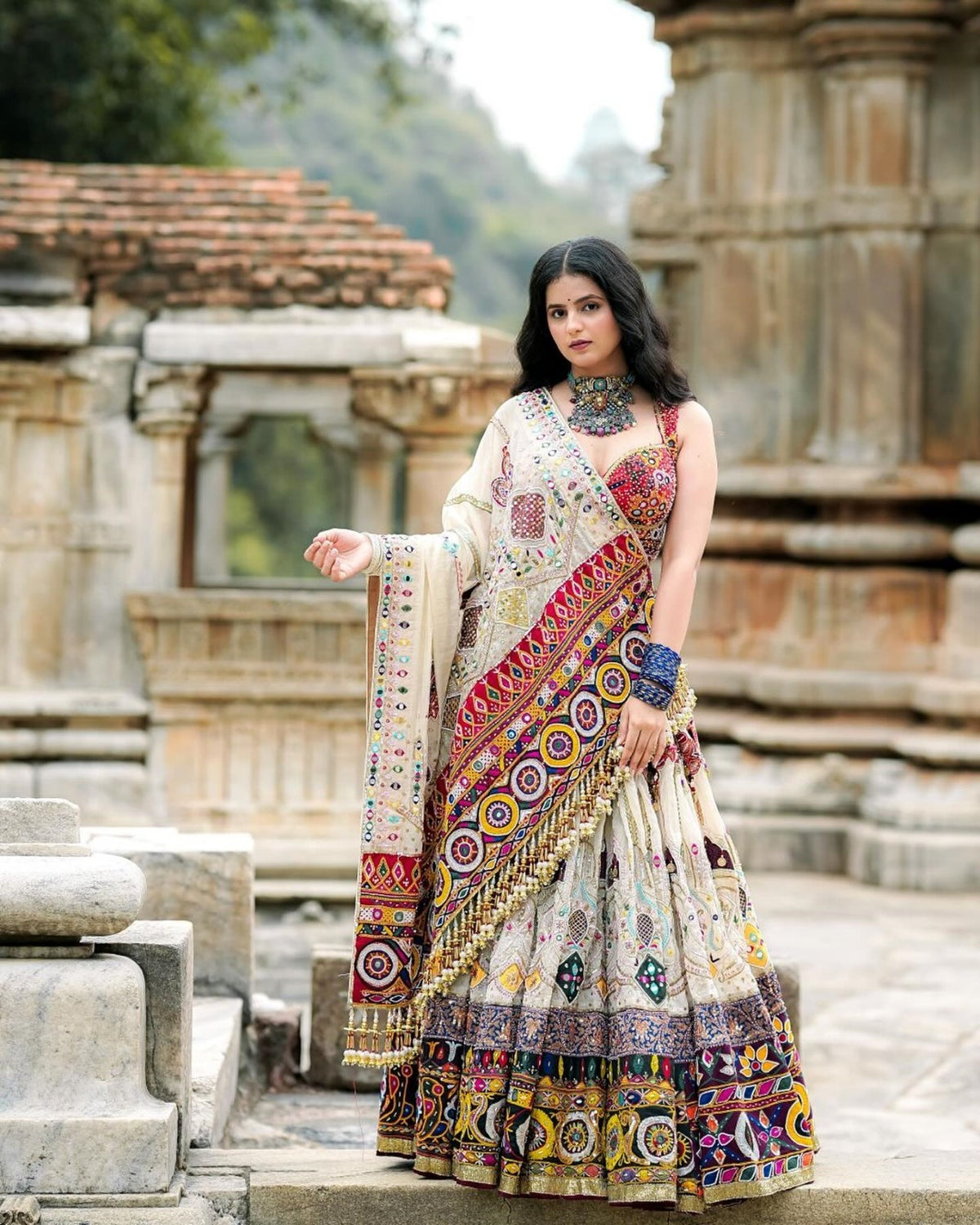 Cream Ethnic Lehenga Choli with Mirror Work Design for Women