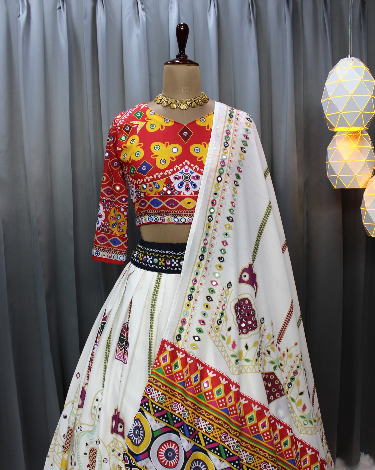 Cream Ethnic Lehenga Choli with Mirror Work Design for Women