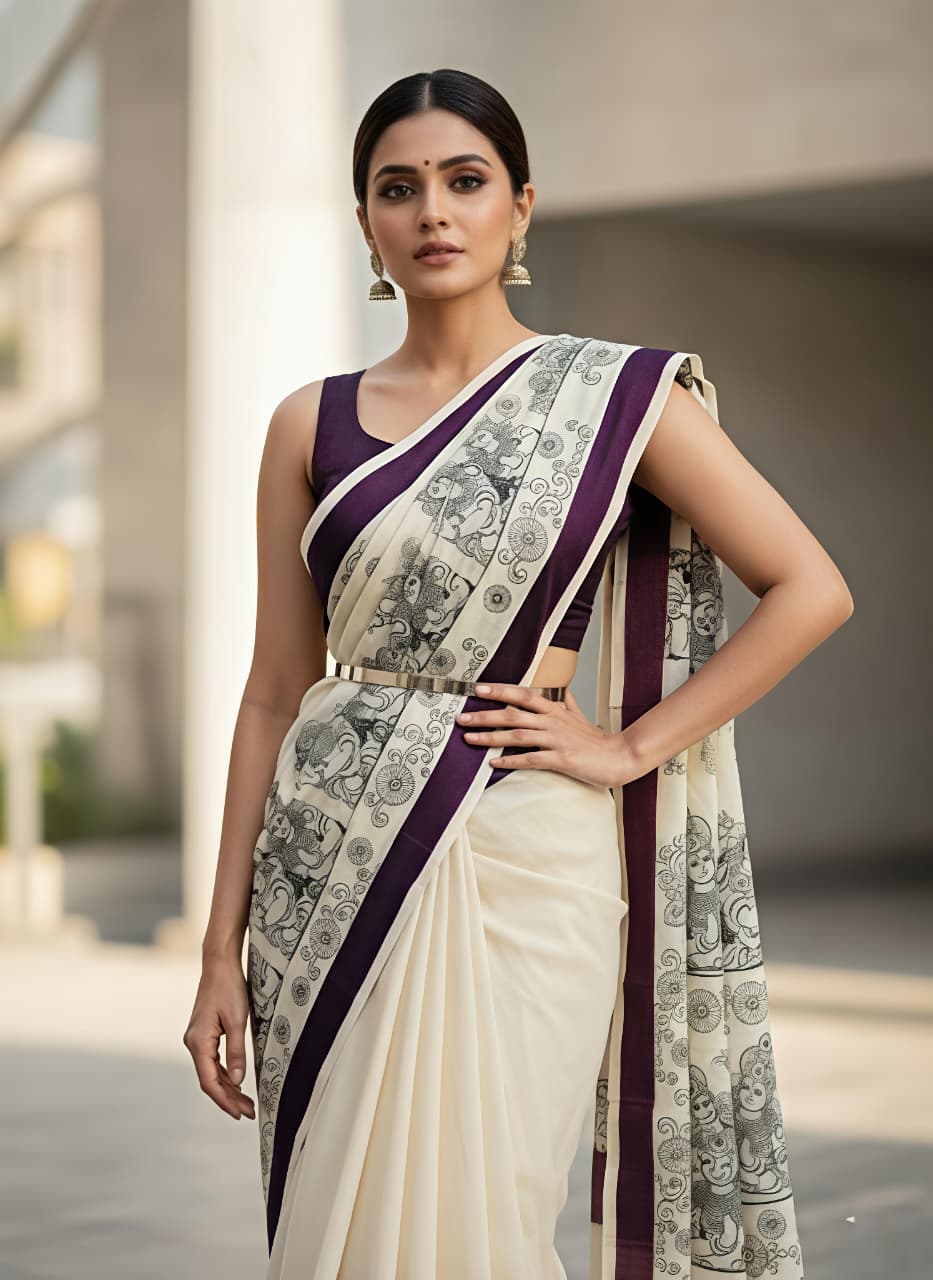 Cream Linen Mosaic Print Saree With Designer Pallu for Women