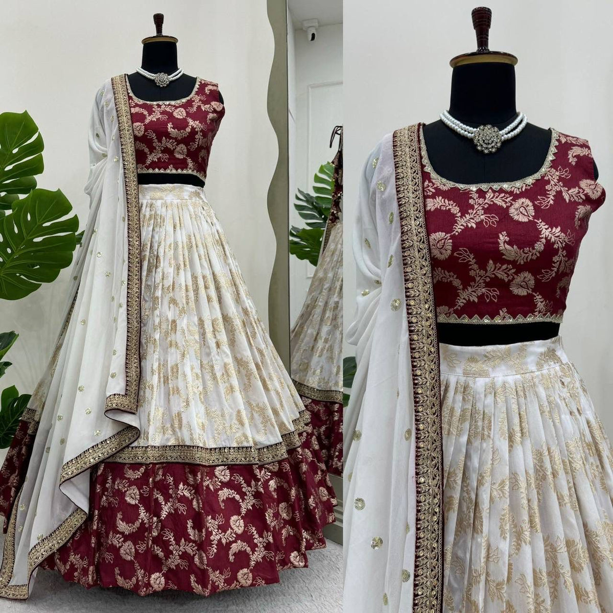 Cream & Maroon Jacquard Lehenga Choli with Dupatta Set for Women