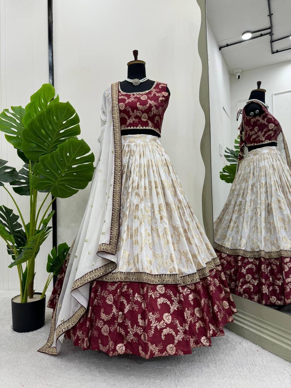 Cream & Maroon Jacquard Lehenga Choli with Dupatta Set for Women