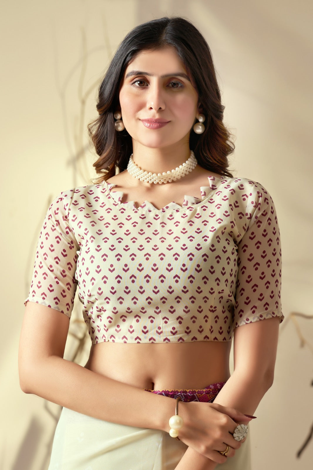Cream Printed Georgette Saree with Designer Pallu for Women