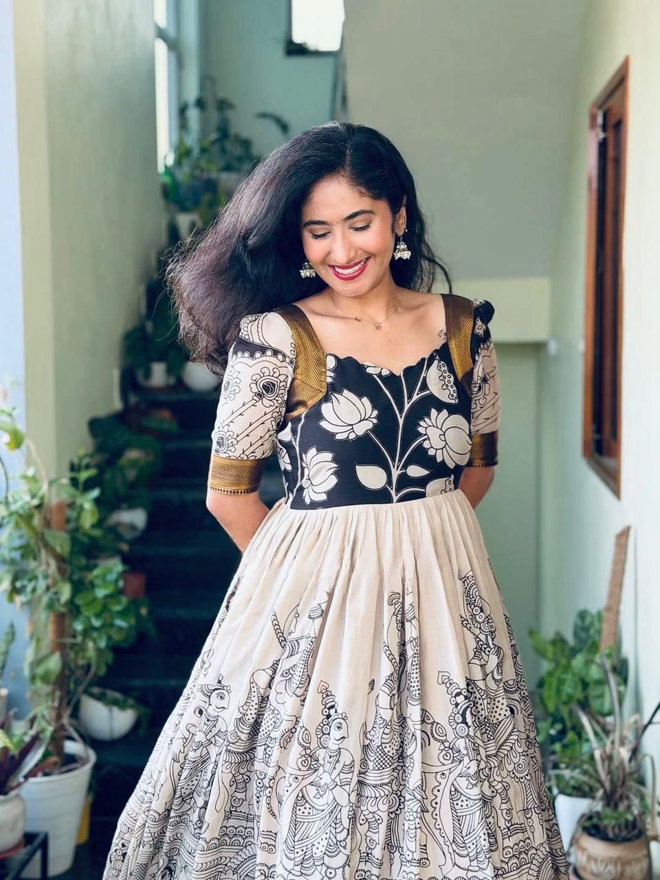 Cream Printed Anarkali Gown with Ethnic Motif Design for Women