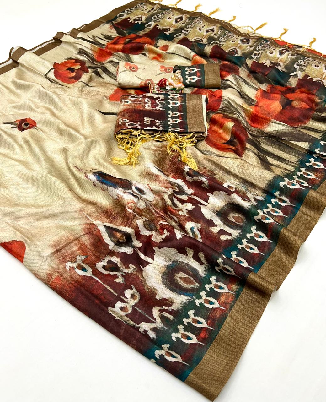 Cream Floral Printed Pashmina Saree With Shawl Set for Women