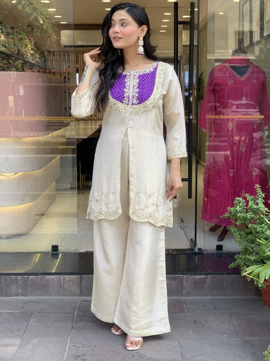 Cream Roman Silk Embroidered Top Palazzo Set Purple for Women