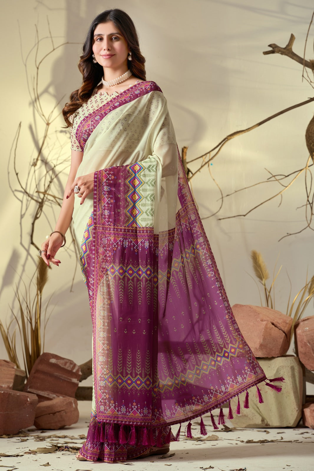 Elegant Cream Saree with Pink Geometric Print Pallu for Women