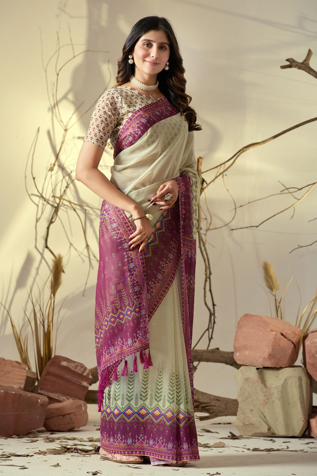 Elegant Cream Saree with Pink Geometric Print Pallu for Women