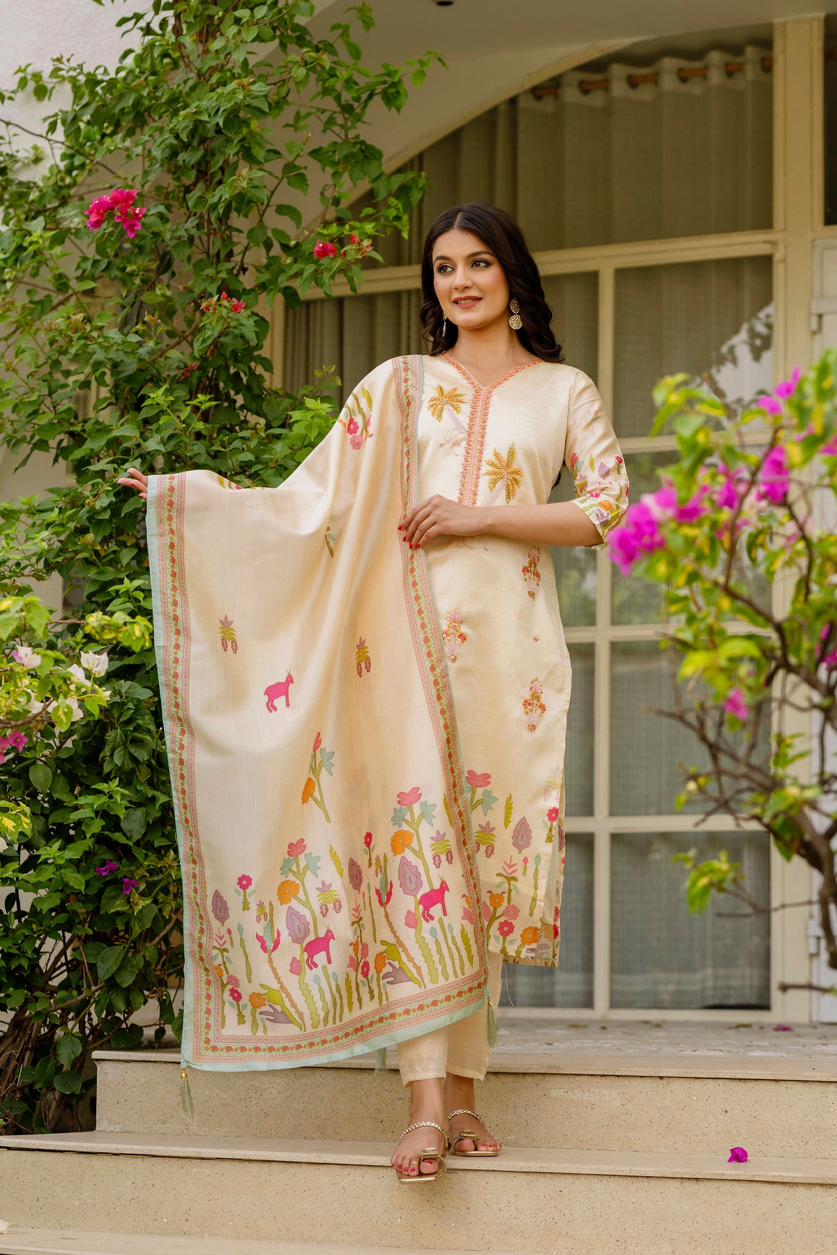 Cream Threadwork Assam Silk Readymade Salwar Suit for Women