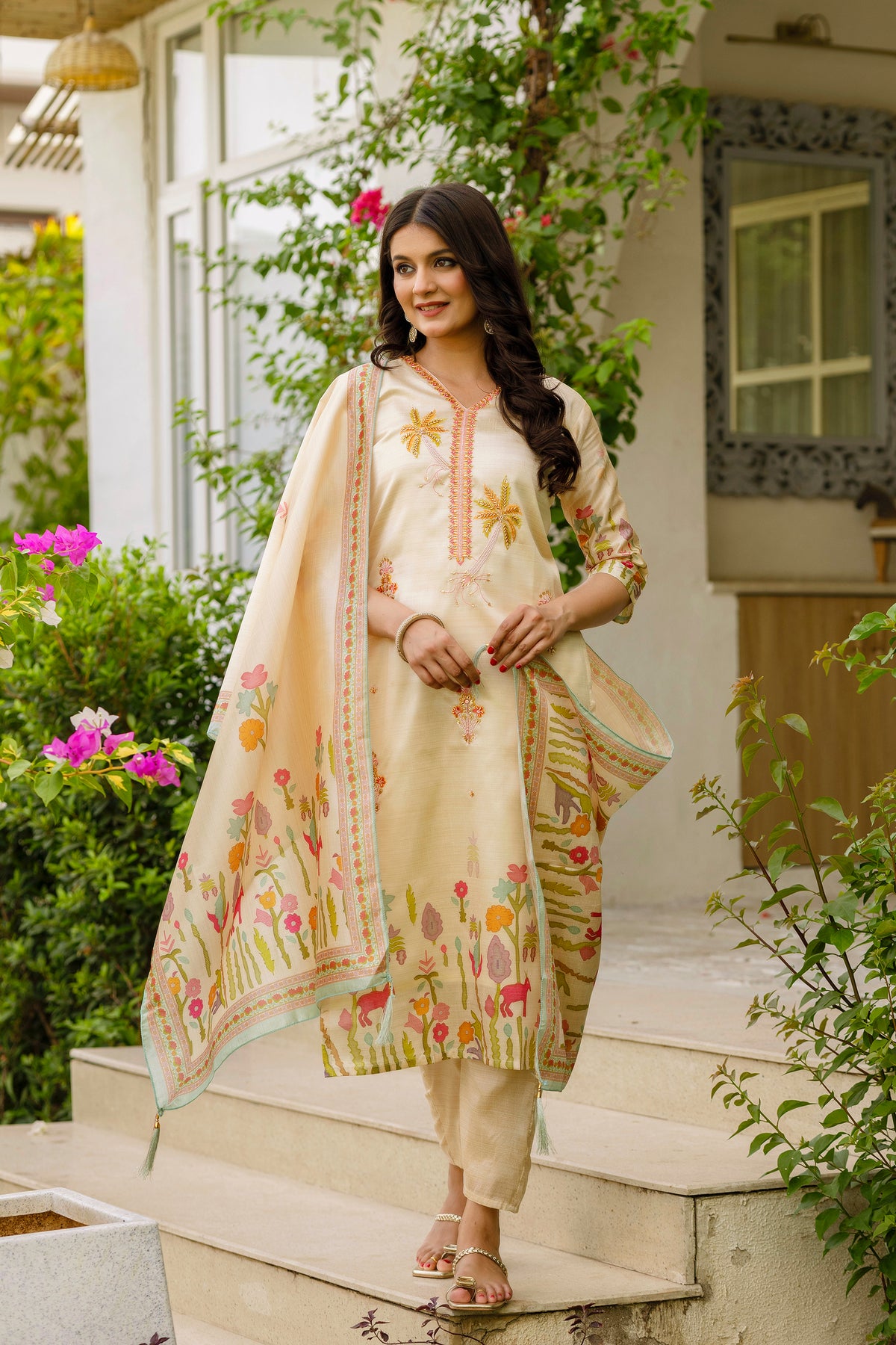 Cream Threadwork Assam Silk Readymade Salwar Suit for Women