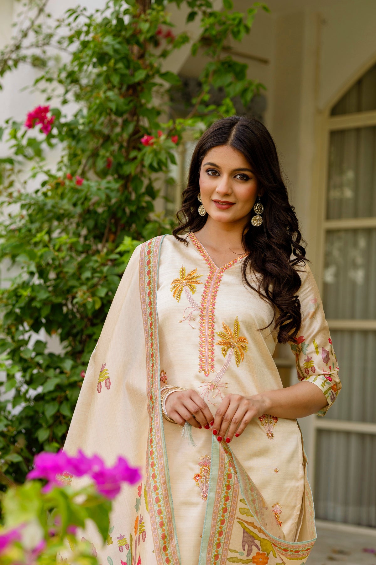 Cream Threadwork Assam Silk Readymade Salwar Suit for Women