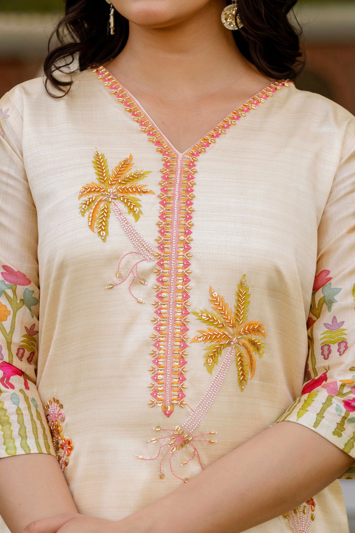 Cream Threadwork Assam Silk Readymade Salwar Suit for Women