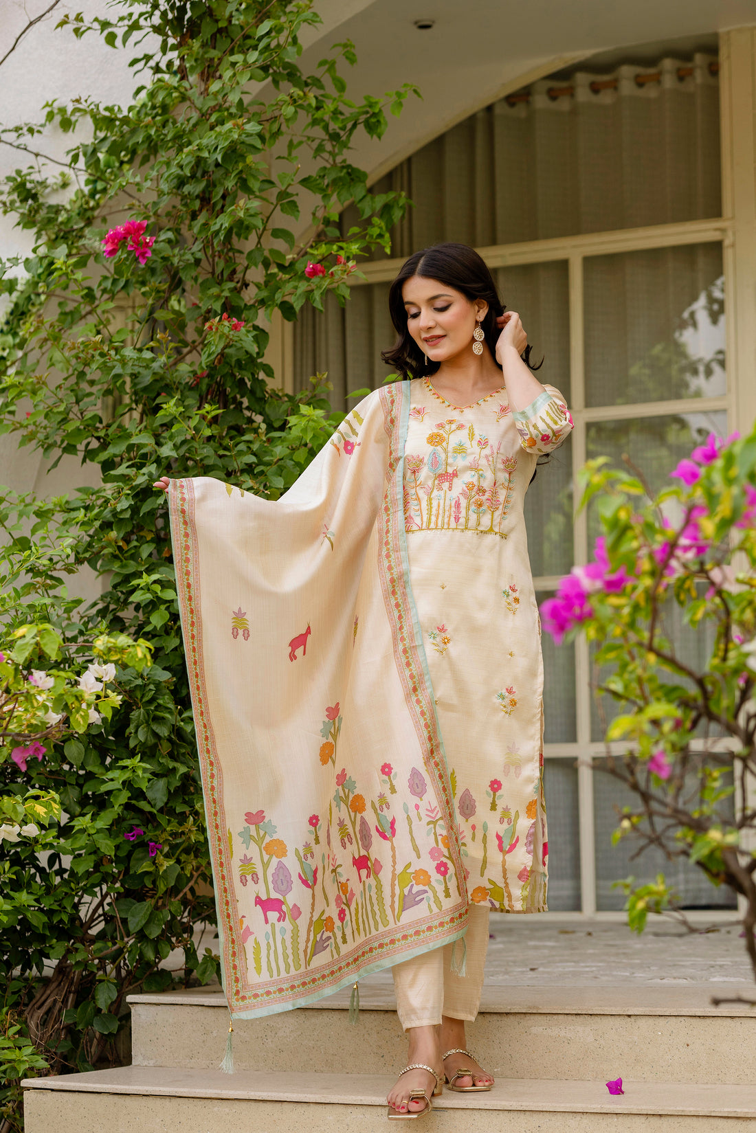 Cream Threadwork Salwar Suit for Women