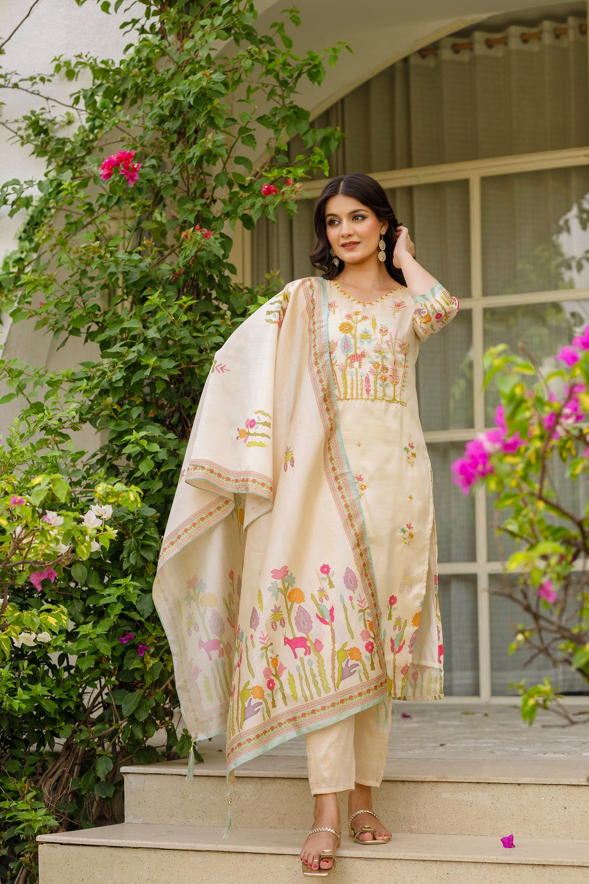 Cream Threadwork Salwar Suit for Women