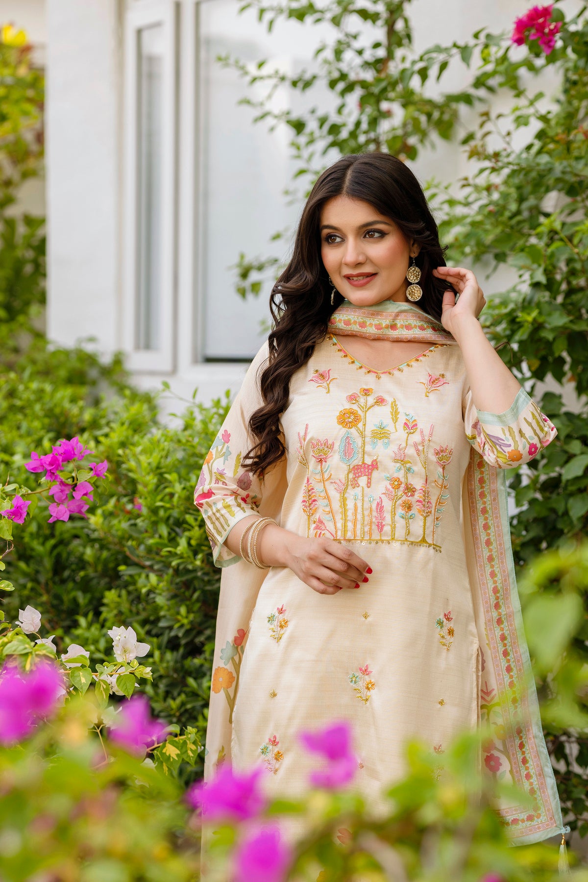 Cream Threadwork Salwar Suit for Women