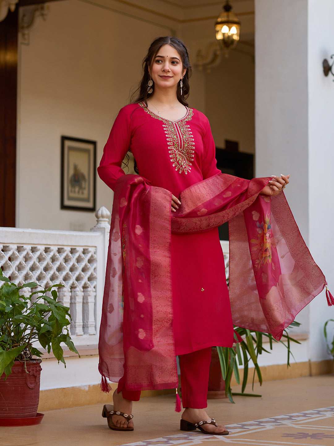 Cream Threadwork Viscose Chanderi Readymade Salwar Suit for Women