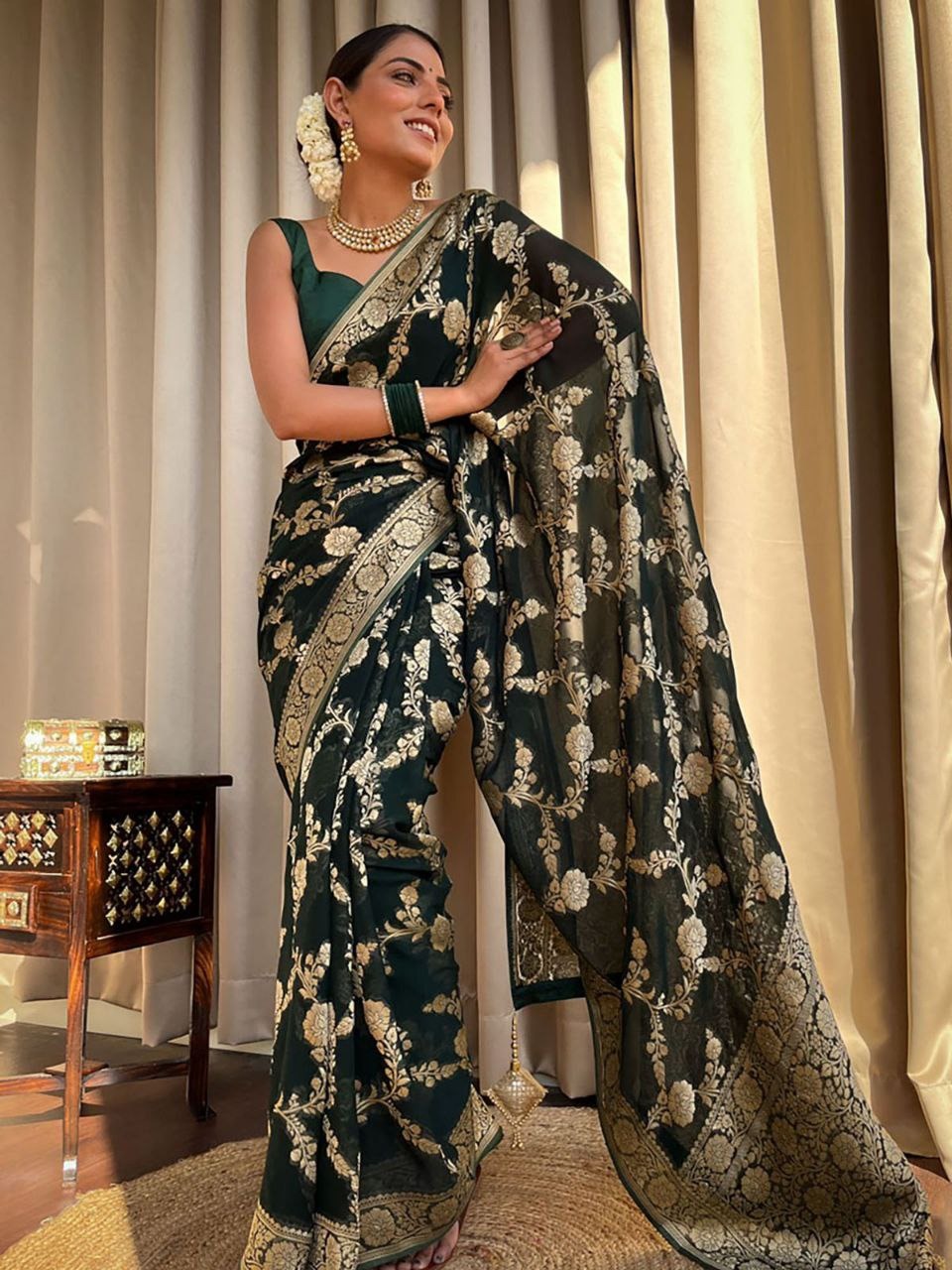 Dark Green Banarasi Silk Saree With Gold Jacquard Work for Women