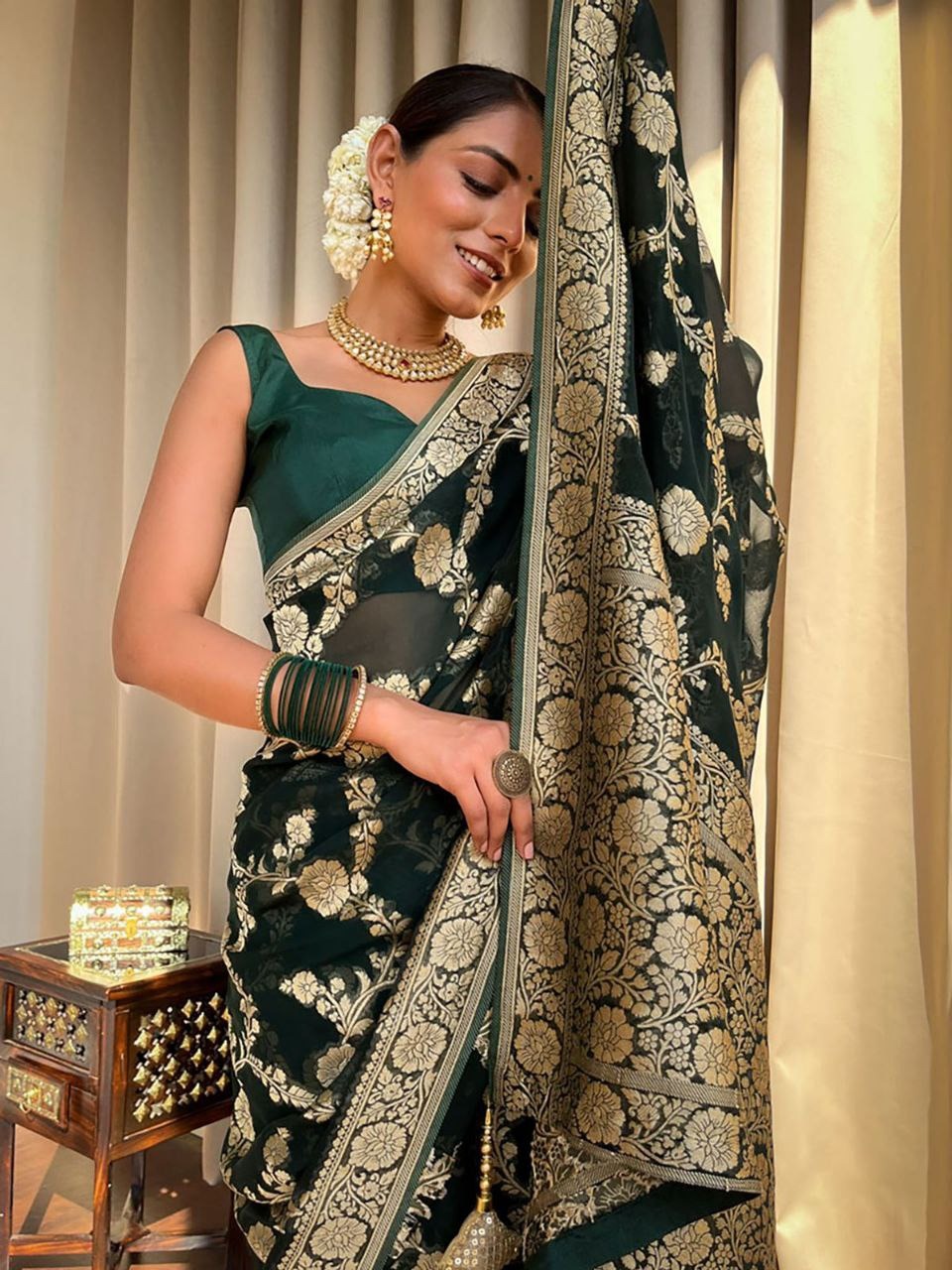 Dark Green Banarasi Silk Saree With Gold Jacquard Work for Women