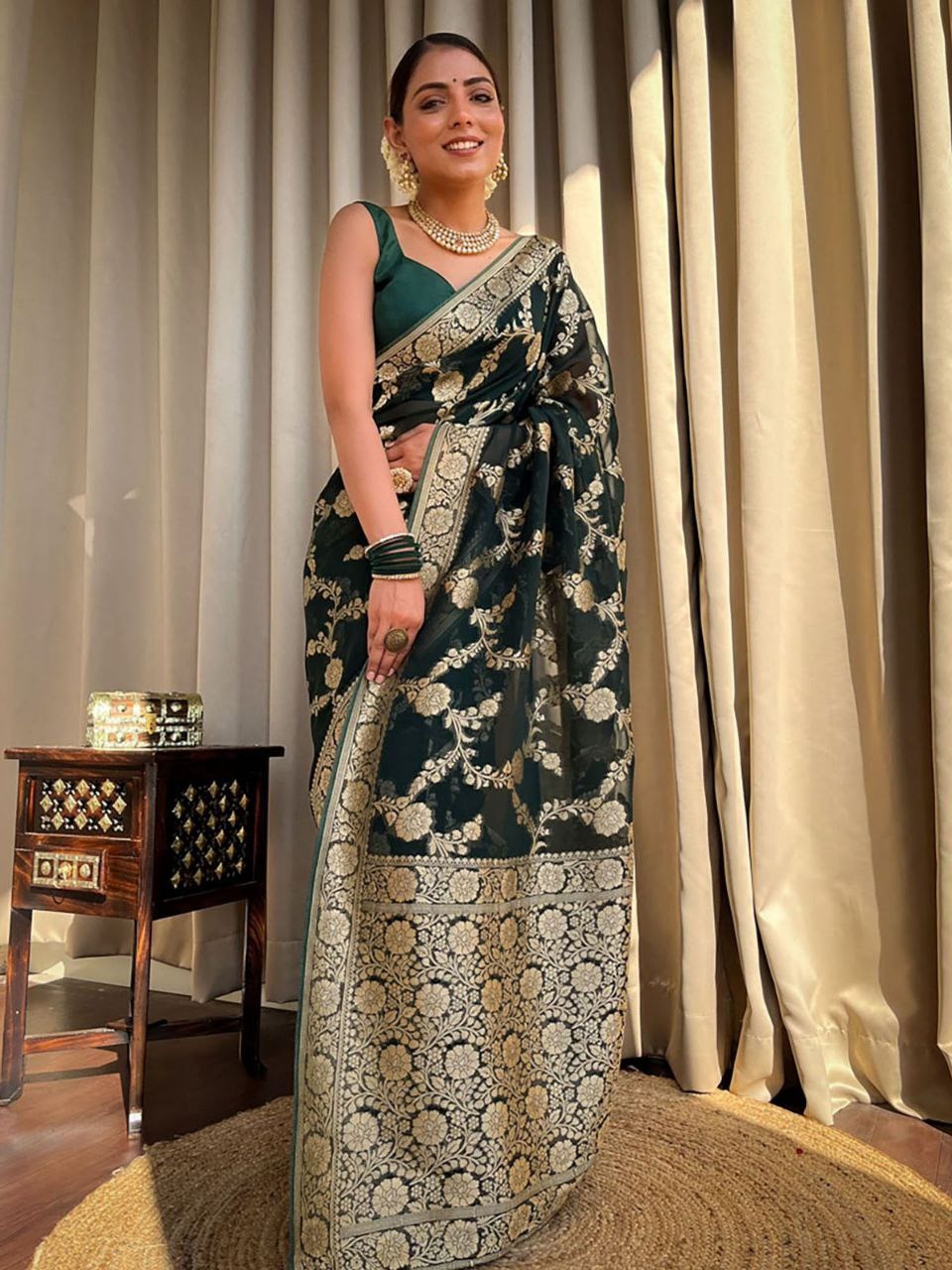 Dark Green Banarasi Silk Saree With Gold Jacquard Work for Women