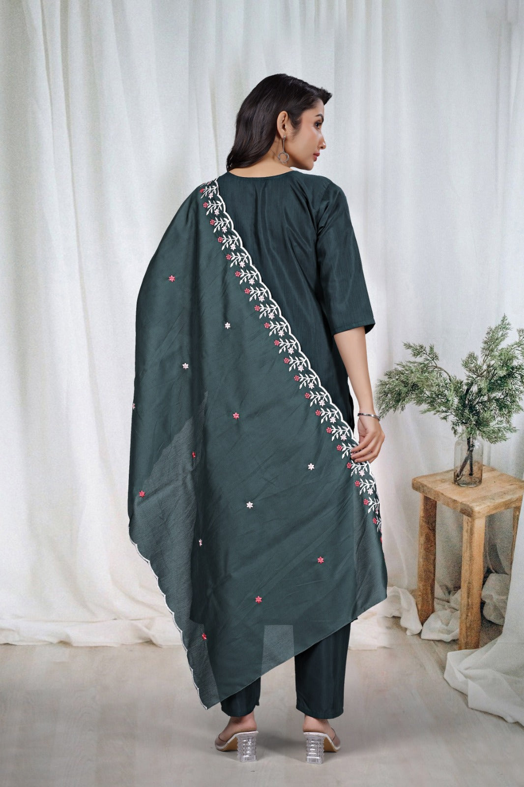 Dark Green Embroidered Kurta Pant Dupatta Set for Women