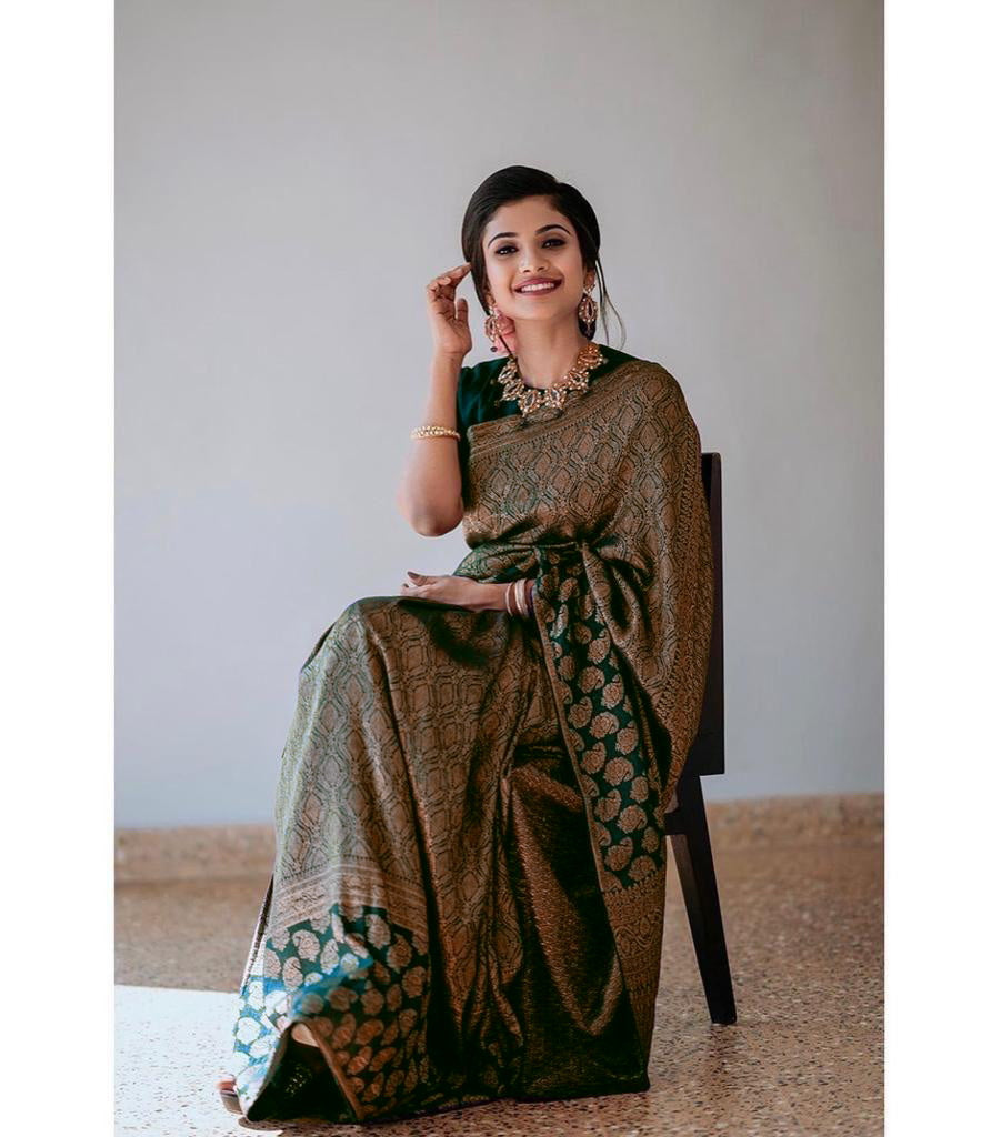 Dark Green Lichi Silk Saree with Rich Golden Jacquard for Women