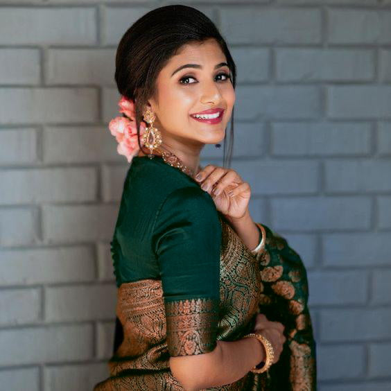 Dark Green Lichi Silk Saree with Rich Golden Jacquard for Women