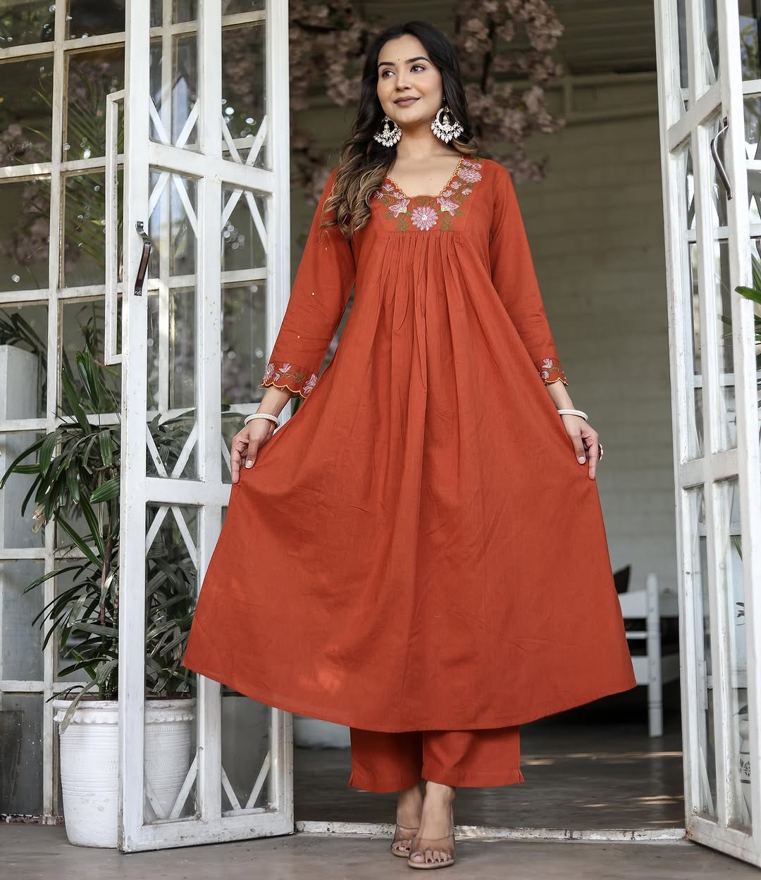 Dark Orange SlubElegance Embroidered Salwar Suit for Women