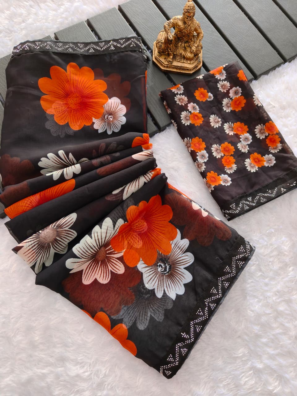 Designer Black Floral Saree With Sparkle Border Work for Women